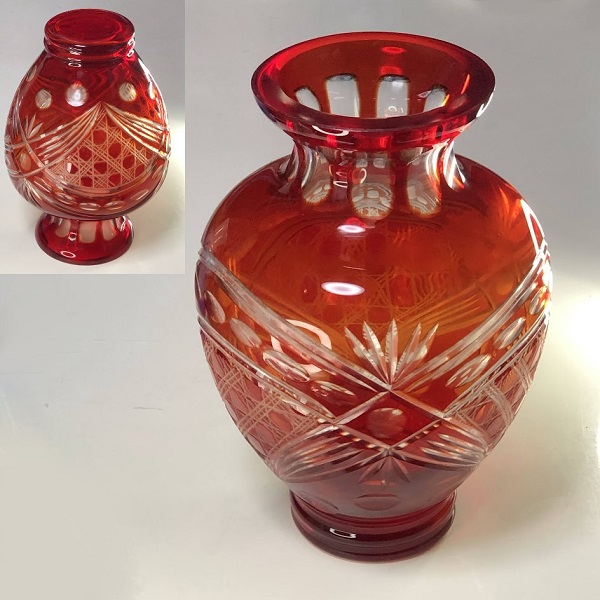 赤被切子ガラス花瓶