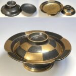 幸山窯金彩市松蓋付高足蓋向菓子碗
